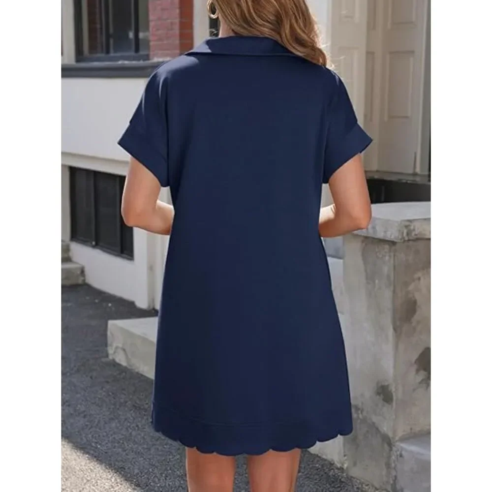 Women's Navy Blend Collared  V Neck Short Sleeve A Line Casual Mini Dress - Picture 3 of 5